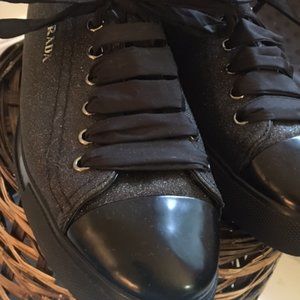 Prada sparkle ribbon lace cap toe sneaker Black Size 9 / 39.5